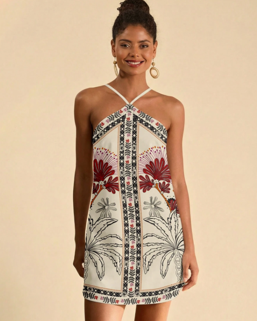 Vestido Curto Estampado • Costas Abertas com Amarração