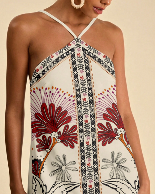 Vestido Curto Estampado • Costas Abertas com Amarração