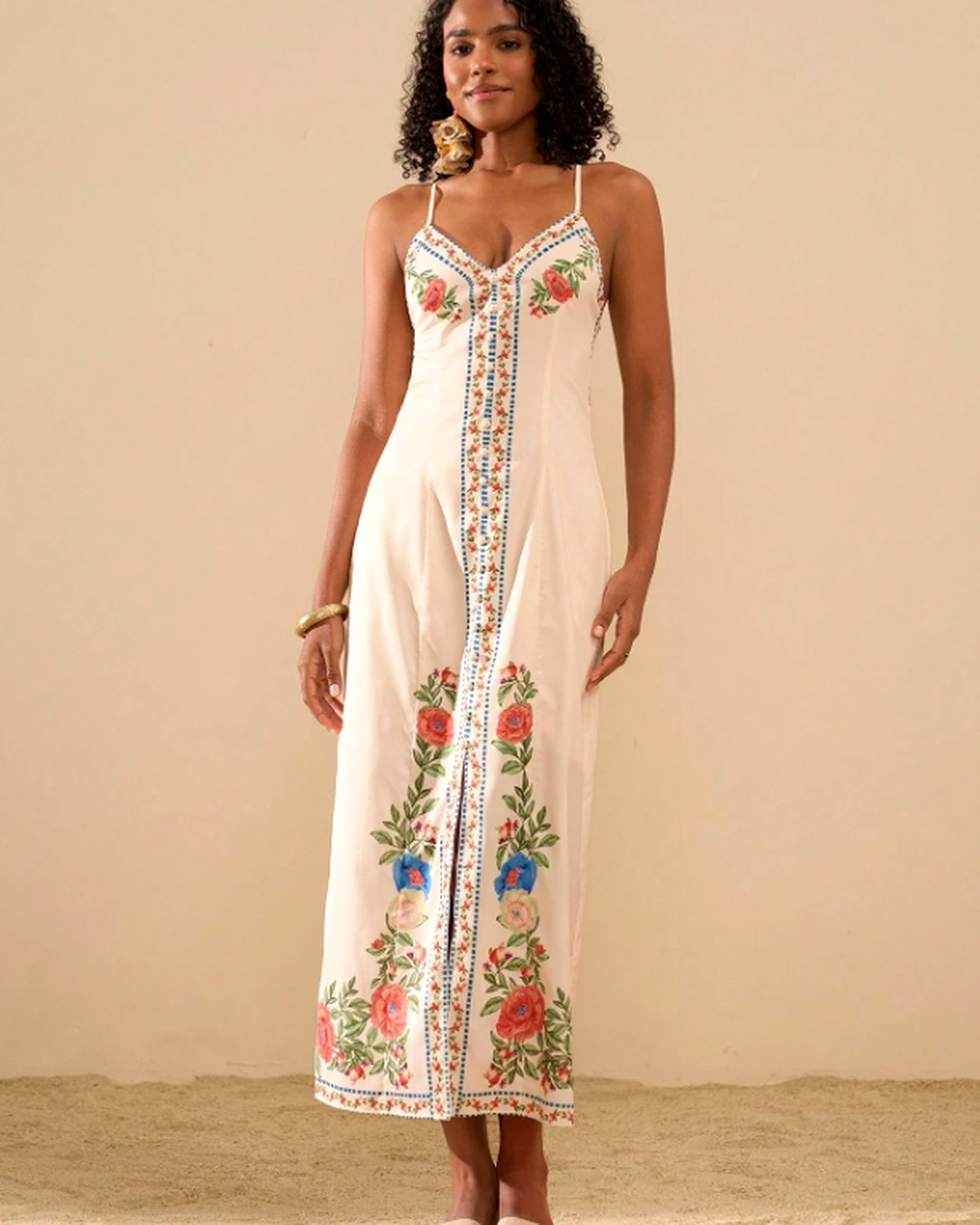 Vestido Midi Alças Finas • Bordado Floral