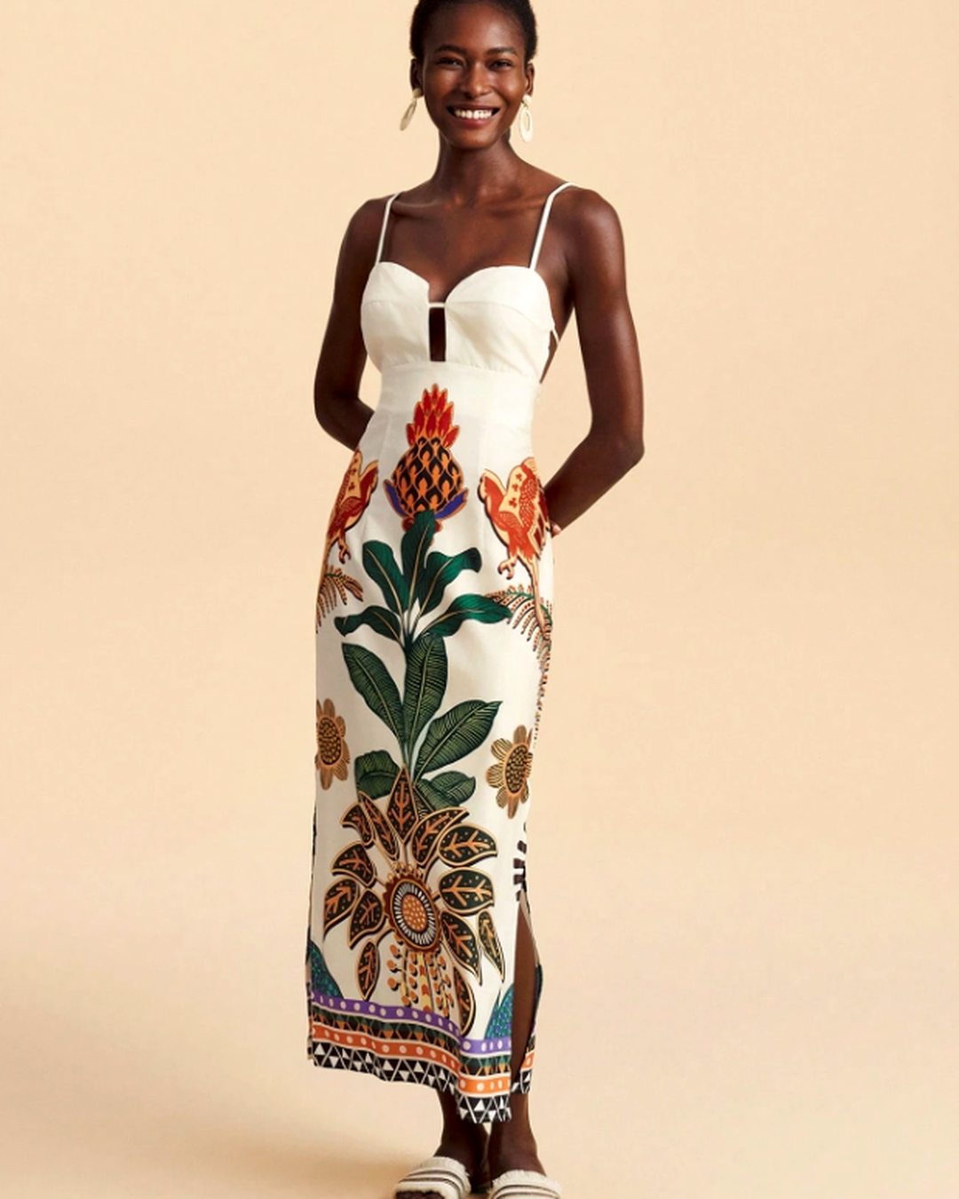 Vestido Midi Estampado • Alças Finas + Decote Estruturado